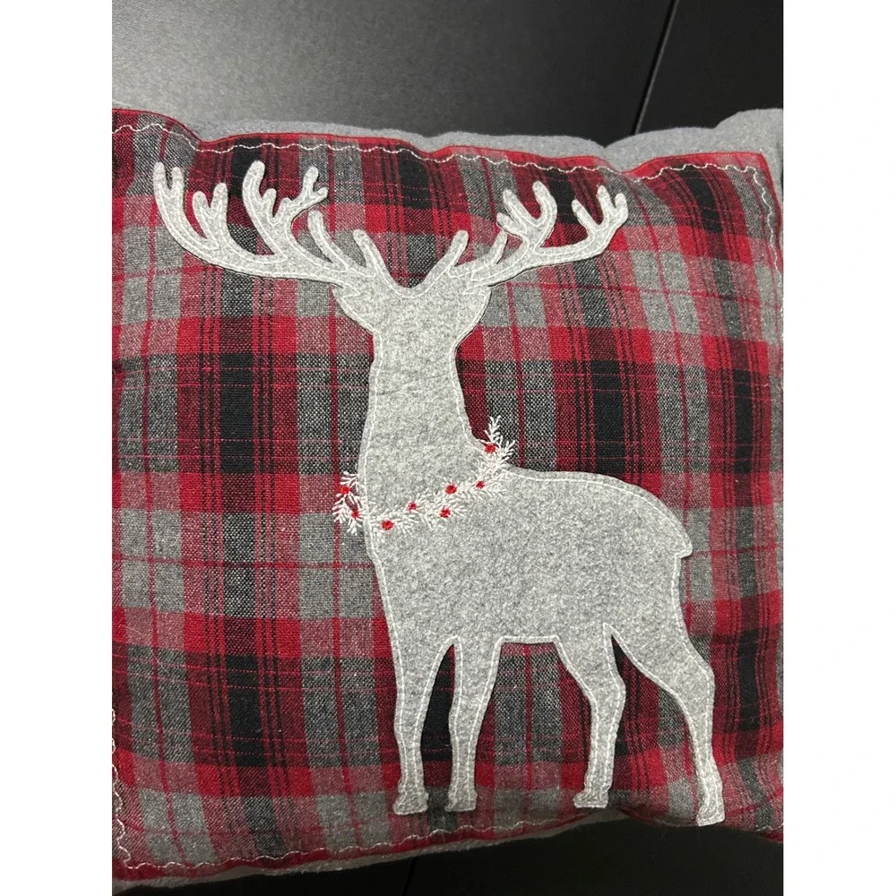 Unbranded Gray Red Plaid Reindeer Throw Pillow